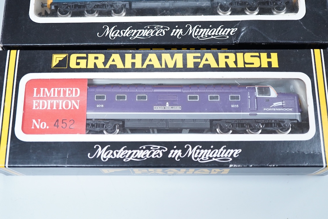 Four boxed Graham Farish N gauge railway diesel locomotives; a BR class 50, Sir Edward Elgar 50007 (8406), a BR class 52, Western Courier D1062 (8426), a BR class 55, The Black Watch 55013, (8415) and a Porterbrook class